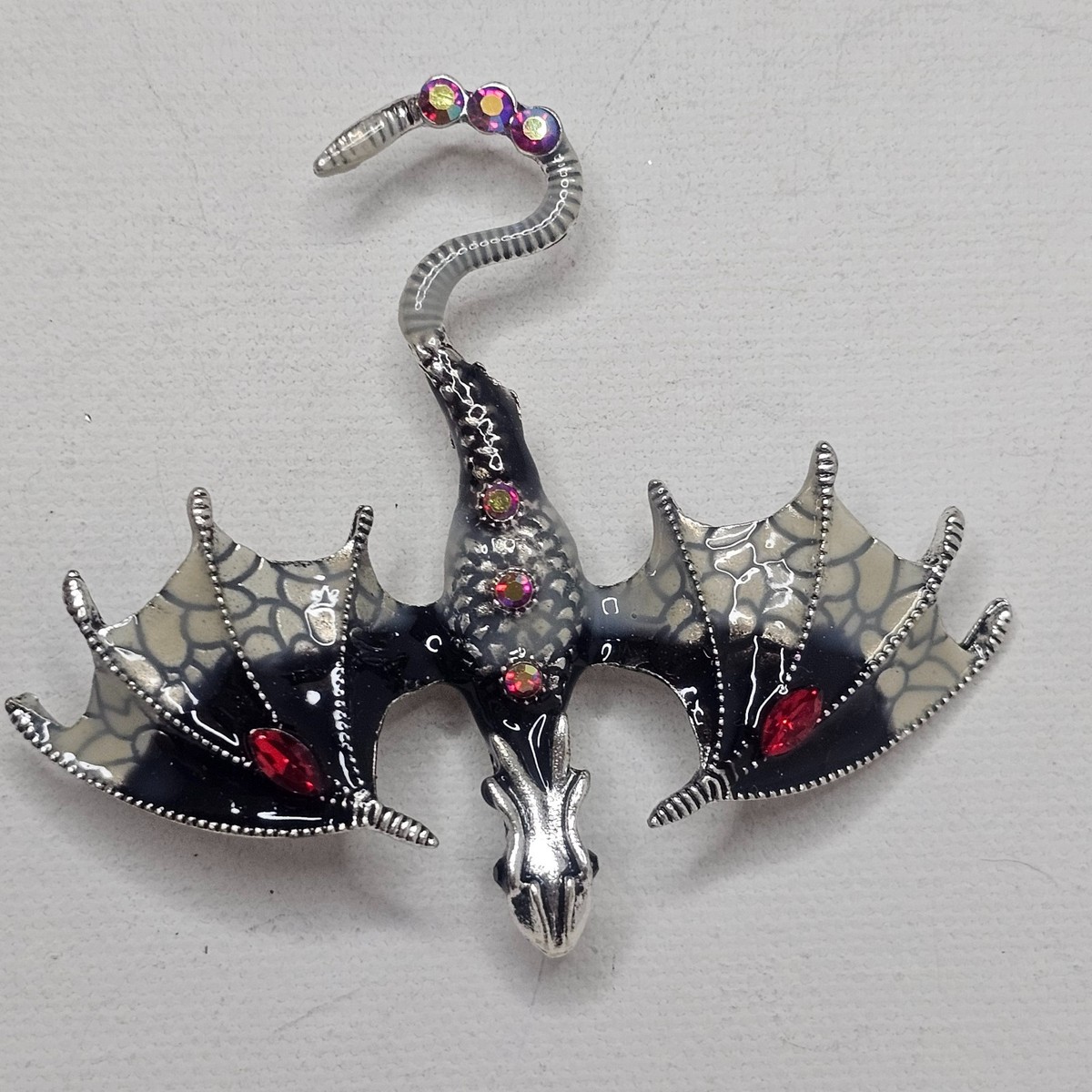 Flying Dragon Figural Brooch Black SilverTone Red AB Rhinestone Unmarked Pendant View 3