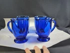 Set of 4 Vintage Anchor Hocking Cobalt Blue Glass Footed Mugs Flare Rim EUC