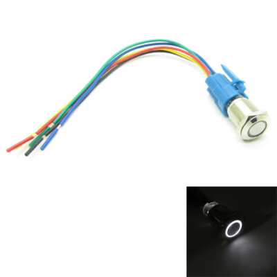 White 16mm Metal Push Button Switch Momentary 12V-24V Ring LED Light + Connector
