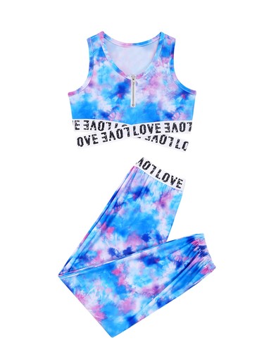 Kid Girls Tracksuit Letter Print Zipper Crop Top Pants Set Activewear Sport Suit - Picture 63 of 93