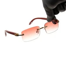 High Quality Mens Burgundy Tint Rimless Gold Frame Vintage Hip Hop Sunglasses