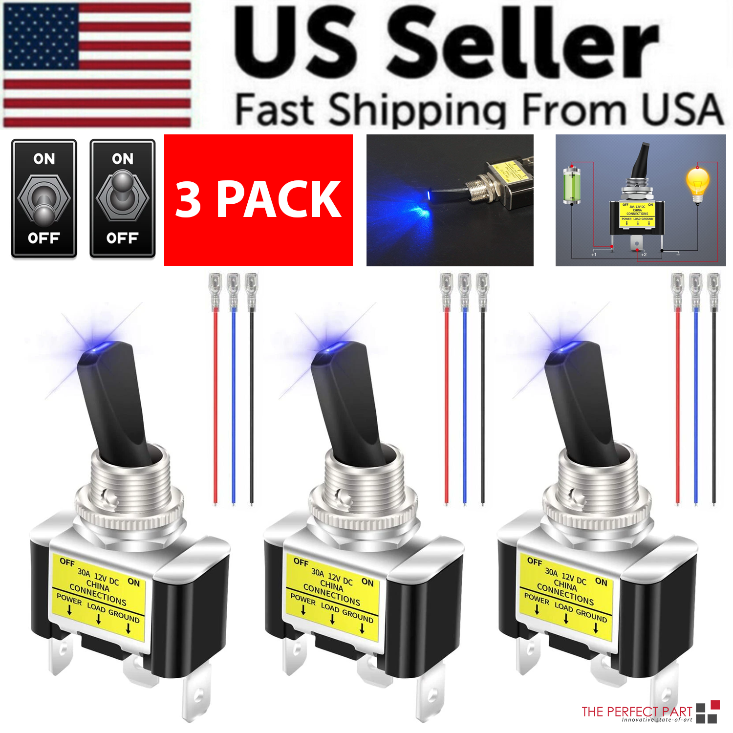 3Pcs 12V 30A Blue LED Light Toggle Rocker ON/OFF Switch 3Pin Marine Car ...