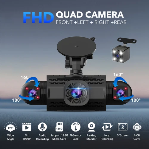 4 Channel Dash Cam 360° Dash Camera HD 1080P 4 Lens Driving Recorder w/64G Card - Picture 2 of 18