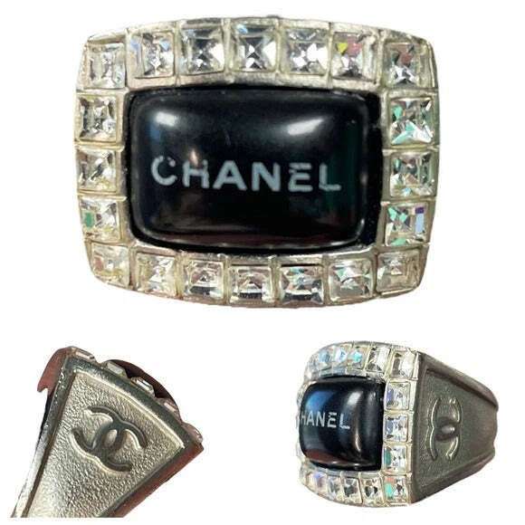 Chanel CC Multi Channel Set Rhinestone Crystal Silver Tone Estate Ring Size 7