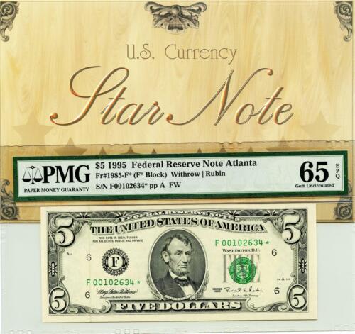 1995 $ 5 Federal Reserve STAR Note Atlanta FR 1985-F* PMG 65 Edelsteine unc. EPQ -34 - Bild 1 von 4