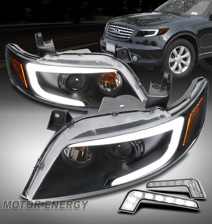 For 03-08 FX35 FX45 LED Tube HID Projector Black Headlight