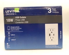 LEVITON T5638-3BW 15A TAMPER RESISTANT TYPE A/C 3.6A 18-WATT USB OUTLET (3-PACK)
