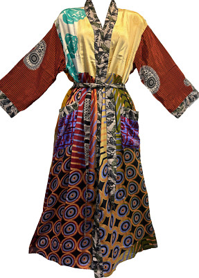 Nwt FUNKY STUFF boho patch belted vintage silk TOP DUSTER CARDIGAN L Free shipp