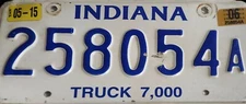 INDIANA License Plate Truck 7,000  258054A Exp. 05-15  2015 White, Blue Metal
