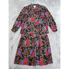 Vintage Koret Skirt Set Womens S Black Floral Filagree Top Pleated Midi Western
