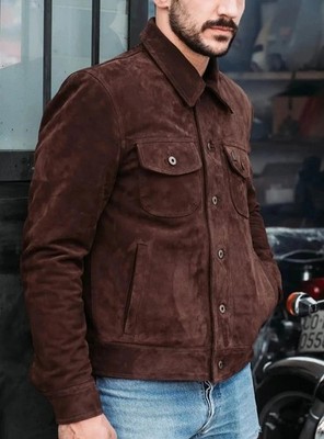 Leather Trucker Jacket for Men Brown Pure Suede Custom Made Size S M L XXL - 350