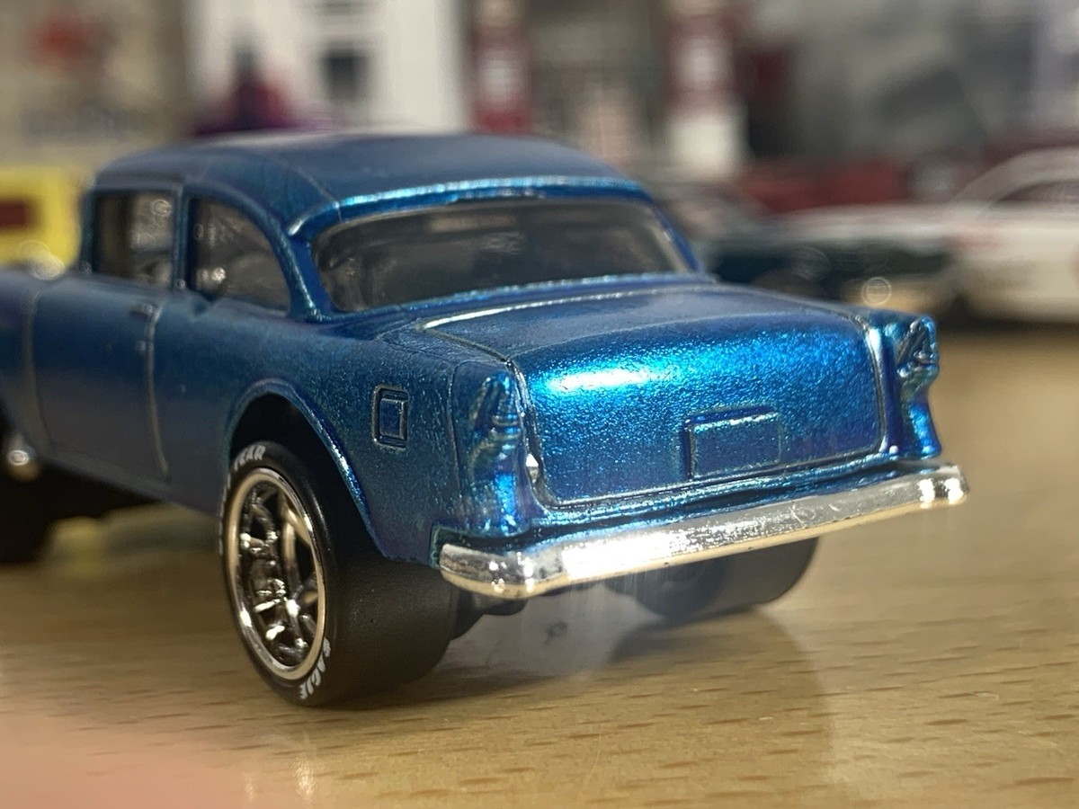 Hot Wheels Spectra Flame Blue Over Zinc Plated 55 Chevy Gasser