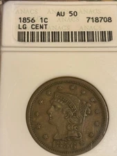 1856 Large Cent AU 50 Old Soap Box Holder Anacs