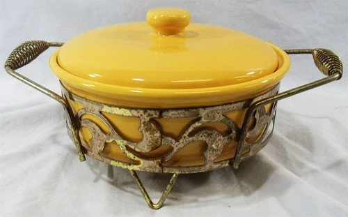 Vintage Bauer Pottery Covered Casserole Dish Stand 9" Yellow Serving Bowl Retro