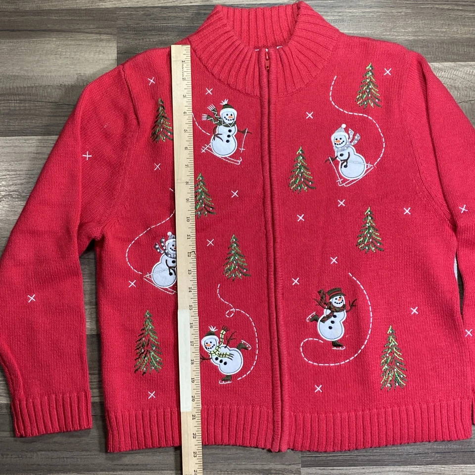 Embroidered Holiday Skiing Snowman Cardigan Sweater Christmas Red Sz XL Festive - Image 4 of 4
