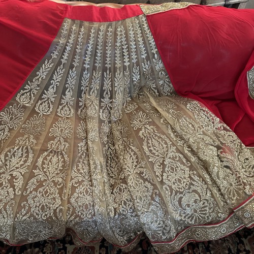 Beautiful Handmade Stamped Rekha Red & Gold Saree With Intricate Embroidery