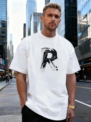 Letter R Brush Paint Graphic 100% Cotton Men's T-Shirt, for Daily Streetwear