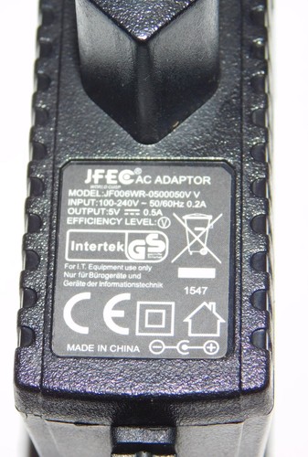 Alimentatore switching 5V DC 0,5A JF006WR-0500050V connettore cavo 5,5 x 2,5mm 5,0V 500mA - Foto 2 di 4