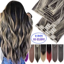 Balayage Wavy Clip In 100 Real AS Human Hair Extensions Full Head Weft Ombre US