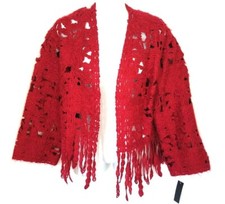 Josie Natori Red Mohair Blend Felted Geometric Art Fringed Open Front Jacket NWT