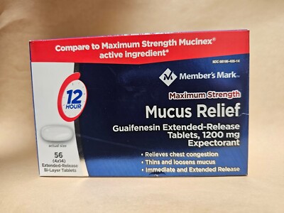 Maximum Strength 56 Tabs 1200mg Guaifenesin Expectorant Exp 8/2026 Members Mark