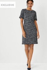 Ann Taylor Blue Black White Tweed Metallic Fringe Trim Sheath Dress Sz 6