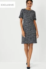 Ann Taylor Blue Black White Tweed Metallic Fringe Trim Sheath Dress Sz 6