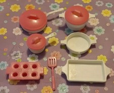 Vintage Barbie Set of Play Kitchen Pots, Pans Etc Pink and White