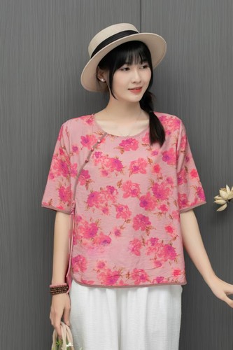Womens Retro floral Printed Cotton Linen Tops Shirt Round Neck Short Sleeves New - Picture 18 of 44