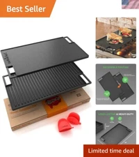 Versatile 18" Cast Iron Griddle Pan - Flat and Ridged Cooking for Two Burners