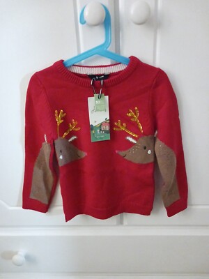 Mädchen Joules Weihnachtspullover Alter 4 rot Geegee Rentier Pailletten Geweih Baumwolle UVP 33 
