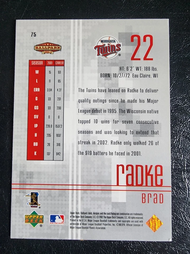BRAD RADKE 2002 DECK SUPERIOR BALLPARK IDOLS #75 MINNESOTA TWINS SERIAL #003/100 - Imagem 2 de 2