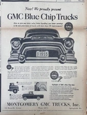 Large 1955 newspaper ad for GMC Blue chip Trucks - more than 500 improvements