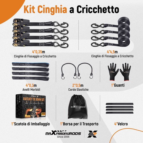 4x Set di tensionamento a cricchetto Gancio a S con clip 25mm x 4,5m Nero 997kg - Bild 6 von 12