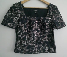 Club Monaco Women's Blue Multi Color Brocade Puff Sleeve Blouse Size 2