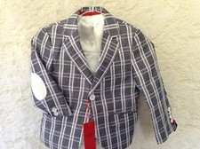 ELIE BALLEH BOYS NAVY PLAID BLAZER SUIT COAT, ELBO PATCH SZ 4-5, NWT