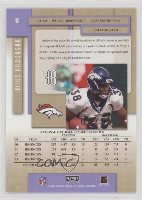 2004 Playoff Prestige Xtra Points Purple /75 Mike Anderson #46 - Image 2 of 2