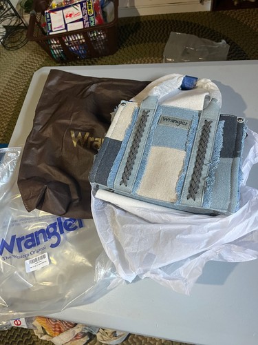 Wrangler Denim Patchwork Tote Bag Blue Canvas Western Braided Fringe