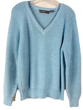 VTG Gitano Knits Medium Blue V-Neck Fitted Acrylic Sweater Sparkle Soft EUC