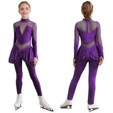 Kids Girls Ice Skating Unitard Shiny Mesh Rhythmic Gymnastics Skirted Leotard