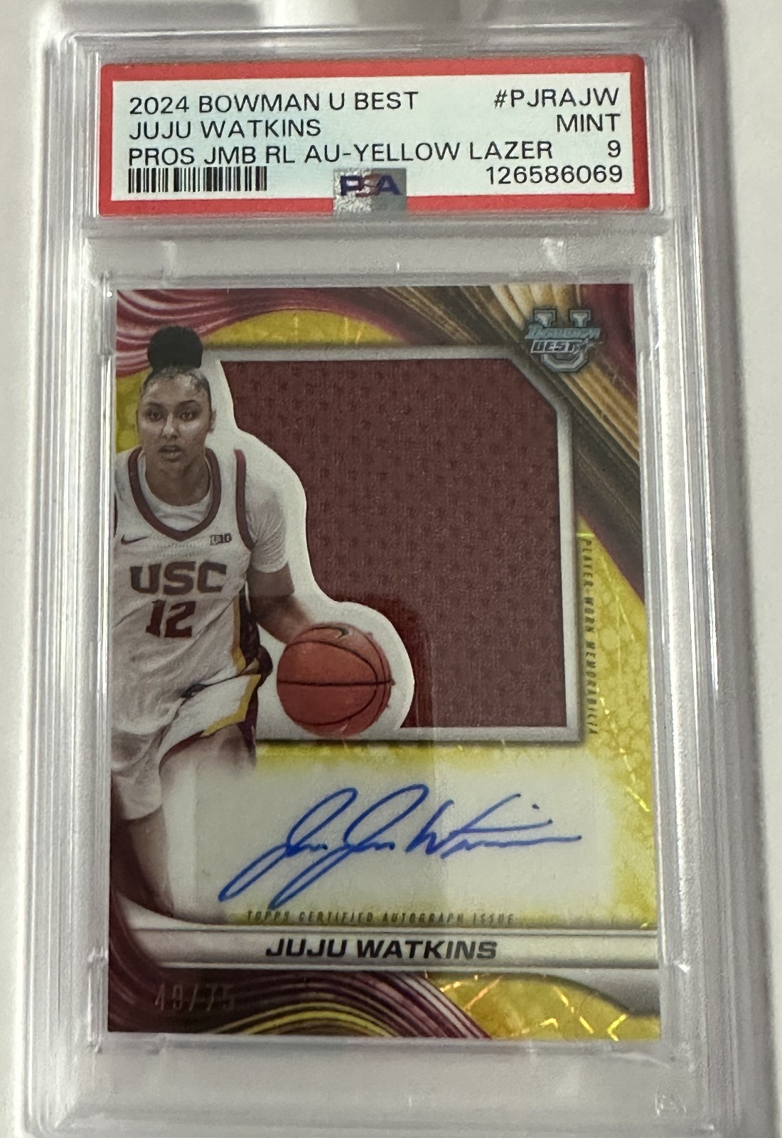 2024 Juju Watkins Bowman University Best Prospect Jumbo Relic Auto /75 PSA 9 view 2