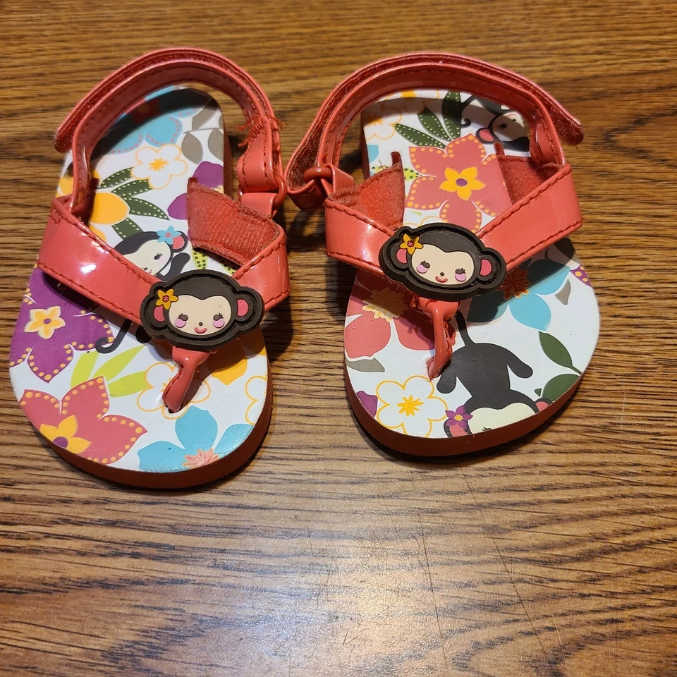 Sandalias chanclas Gymboree Silly Monkey para niñas pequeñas corales florales selva talla 3/4 Foto 3 de 4
