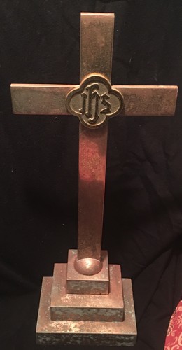 Antique Lg Brass Copper IHS Emblem Altar Cross Crucifix 18”,8 Lbs. Heavy Patina - Picture 5 of 22