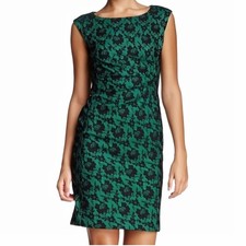 Tahari ASL Size 12 Lace Overlay Green Side Scrunch Sleeveless Sheath Dress