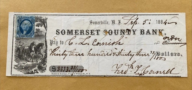 1864 Somerville NJ SOMERSET COUNTY BANK $3333.33 Bank Check 2 Cent Revenue Stamp