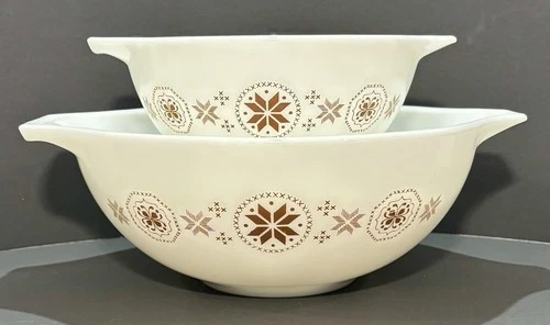 Vintage Pyrex Cinderella Bowls #444 & #442 Town and Country, White & Brown