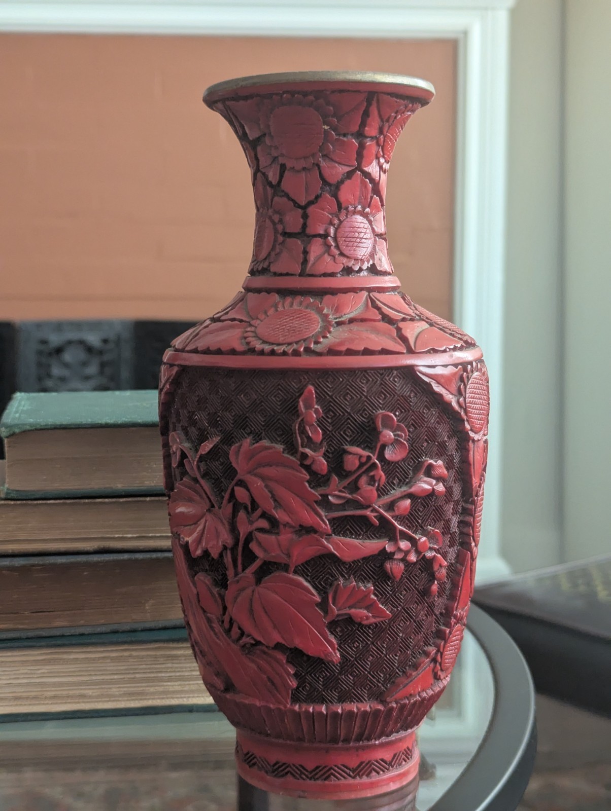 Vtg Floral Cinnabar Vase Scenic Panel Art 9 in Chinoiserie Decor Brass Interior