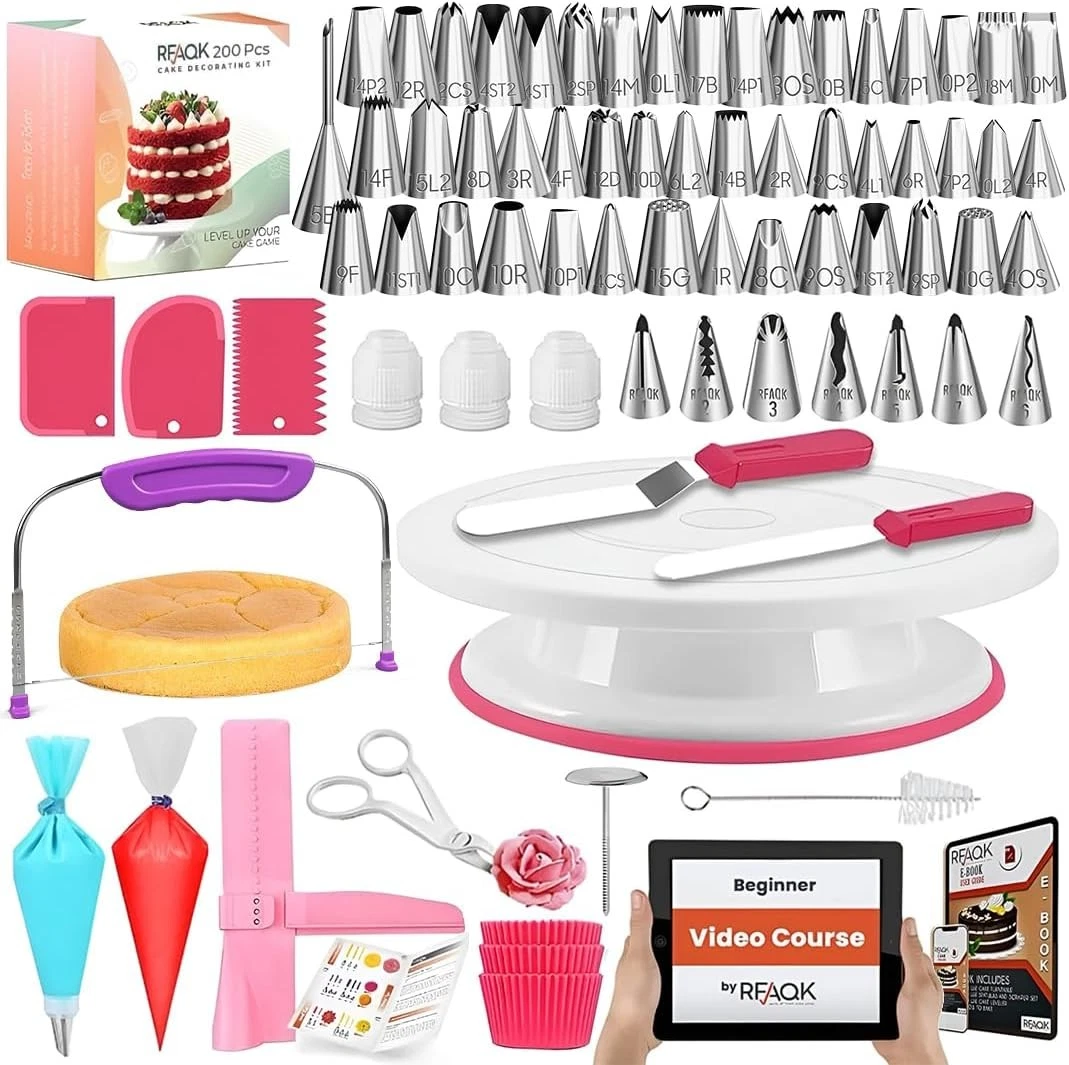 200pc Cake Decorating Kit Turntable Piping Tips Spatulas Leveler Baking Set