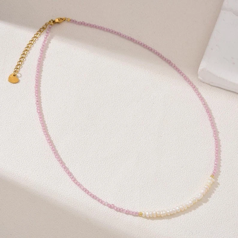 Collar de perlas blancas y cuarzo rosa facetado redondo 2-3 mm múltiples cuentas de piedras preciosas 24" Foto 4 de 4