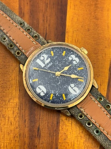 Vintage Timex Watch Men Winding DENIM Print Dial 2616302478 35mm Running
